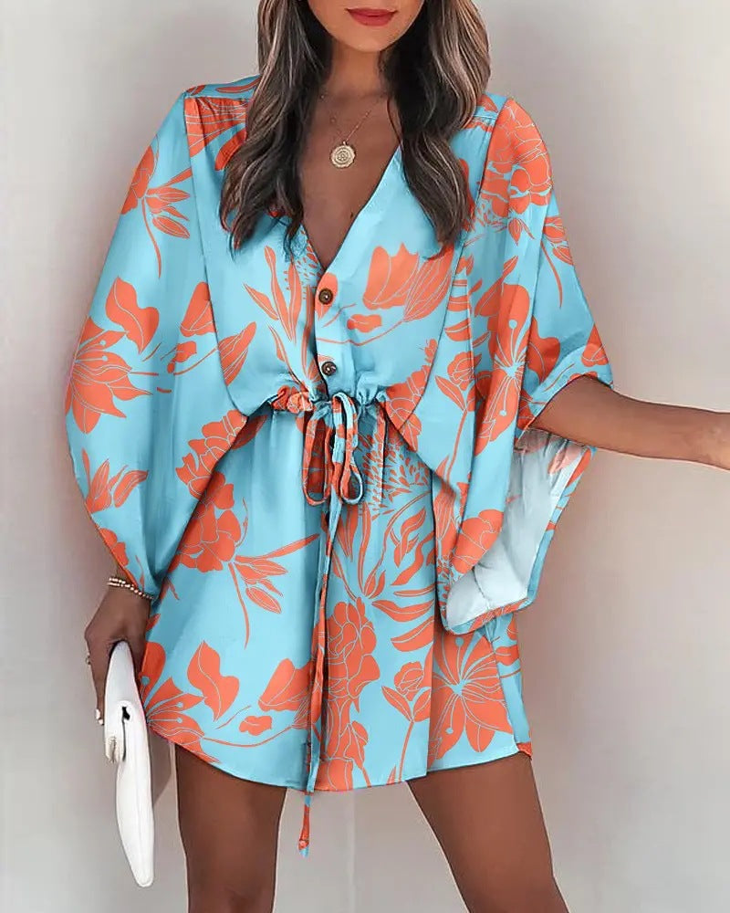Women's Beach Dress with Elegant Waist Tie and Unique Pattern