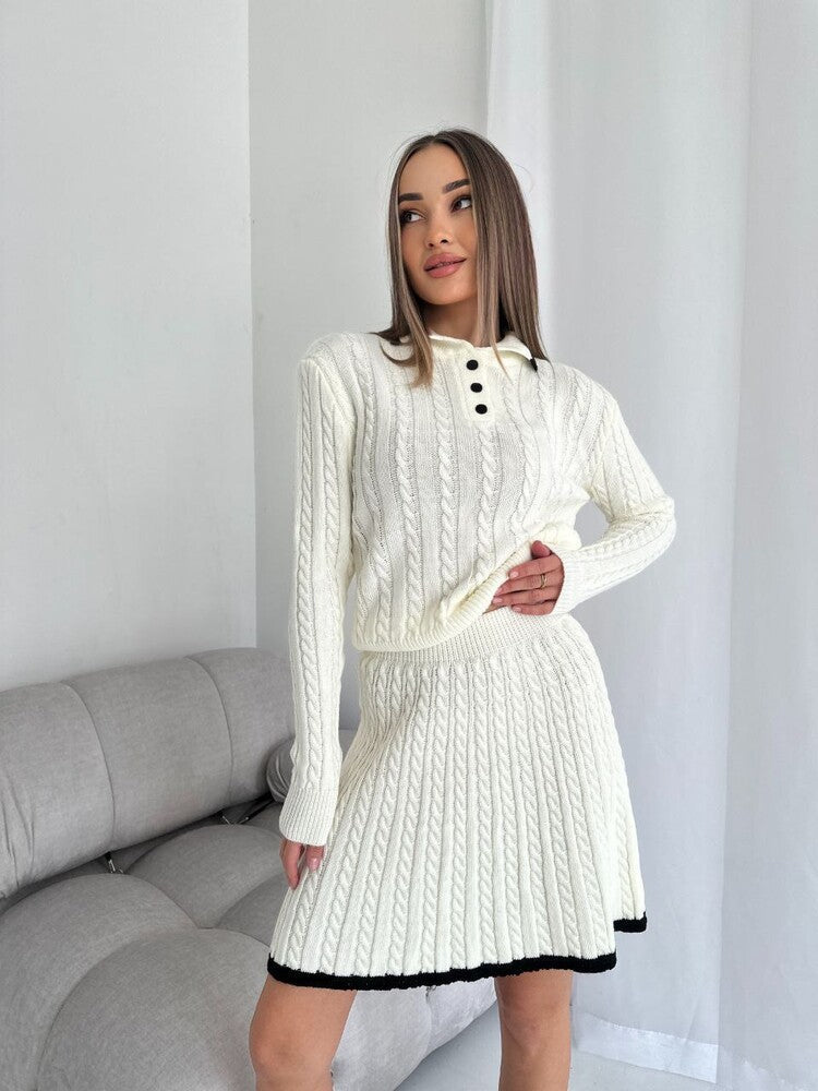Women's Cable Knit Set with Polo Collar and A-Line Skirt