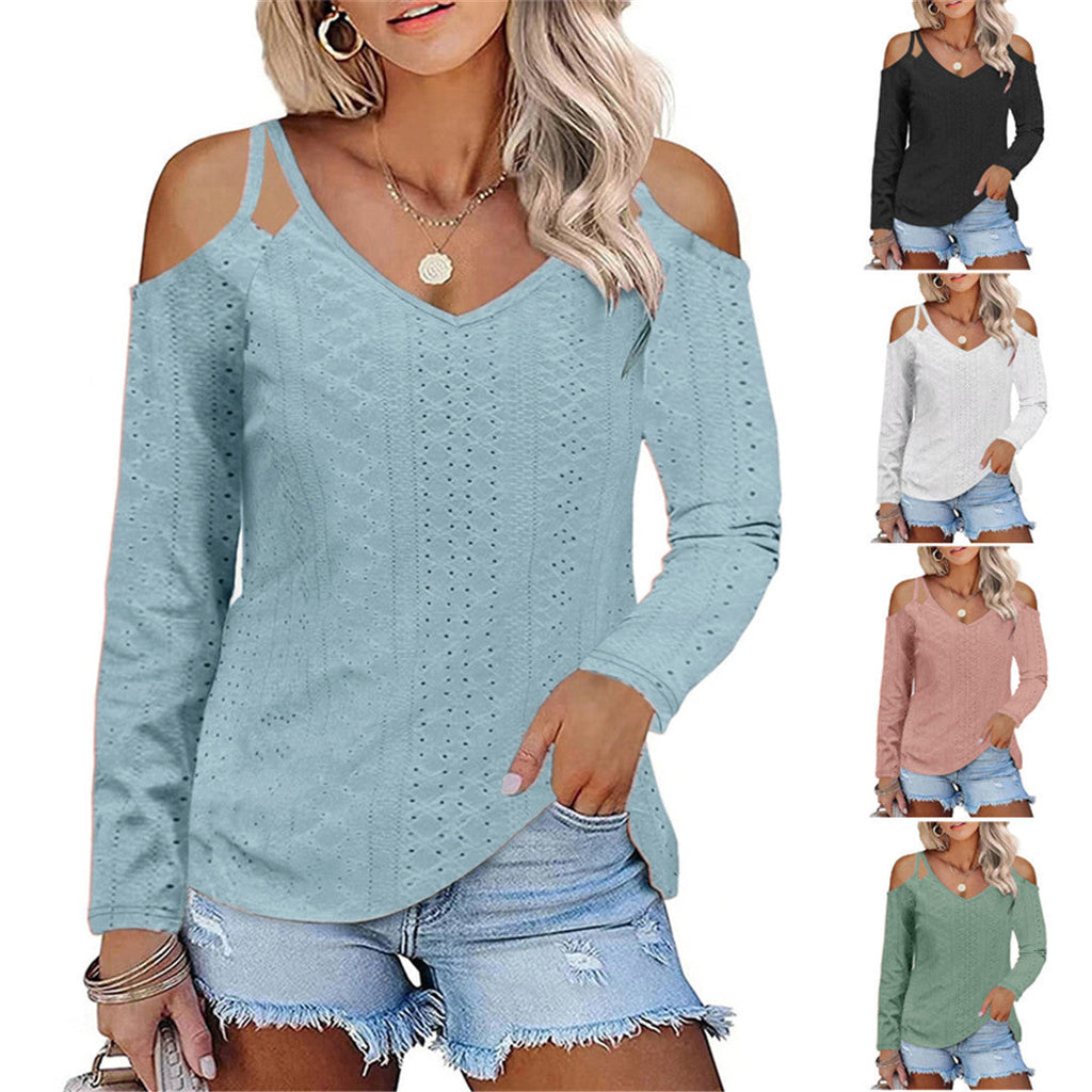 Women's Elegant Shirt with Cut-Out Shoulders and V-Neck
