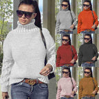 Women's Chunky Knit Sweater with High Collar and Textured Sleeves