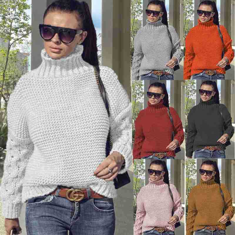 Women's Chunky Knit Sweater with High Collar and Textured Sleeves