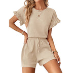Women's Short-Sleeve Overall with Ruffle Details and Tie Belt