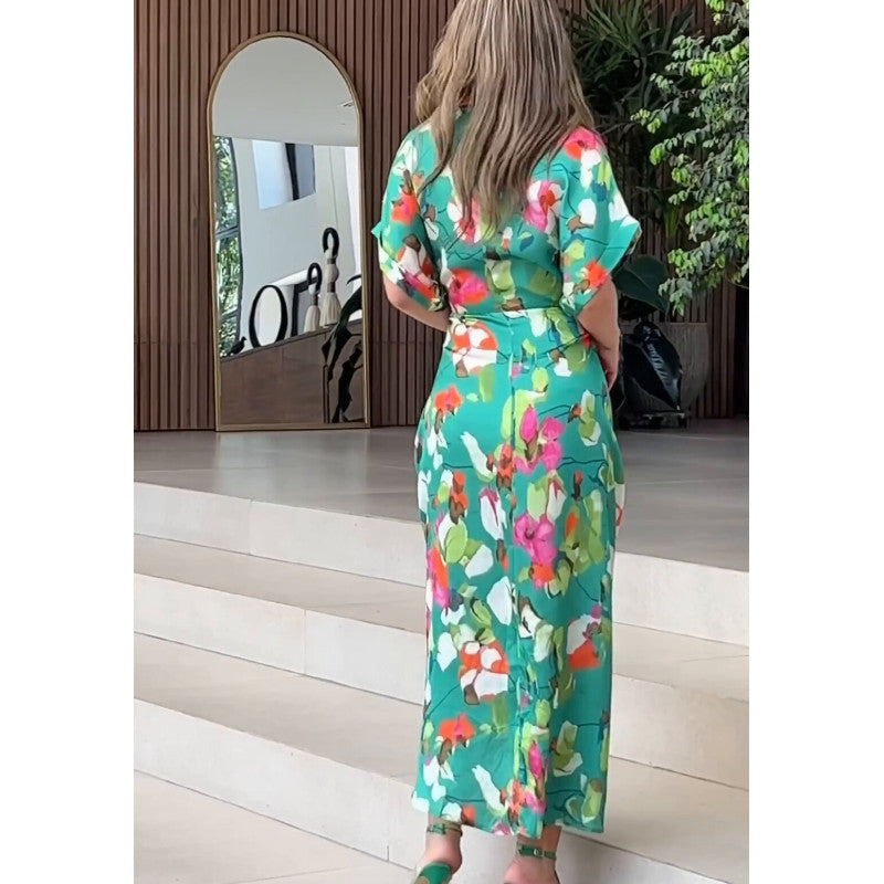 Women's Airy Caftan with Floral Design and Decorative Knot