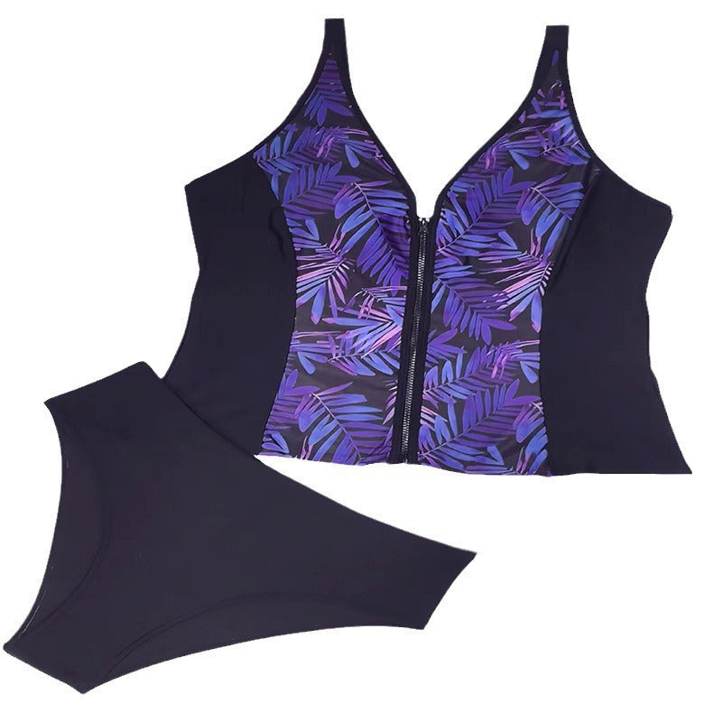 Women's Swim Top with Floral Zipper and Matching Bottoms