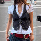 Women's Denim Vest with Elegant Button Details and Modern Pockets