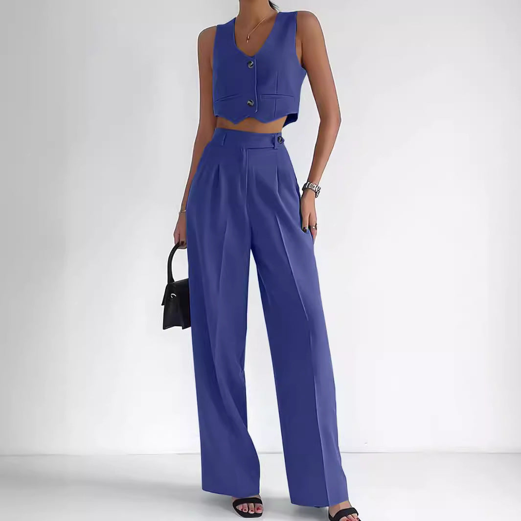 Women's Fashionable Two-Piece Set with Sleeveless Cropped Top and Wide-Leg Trousers