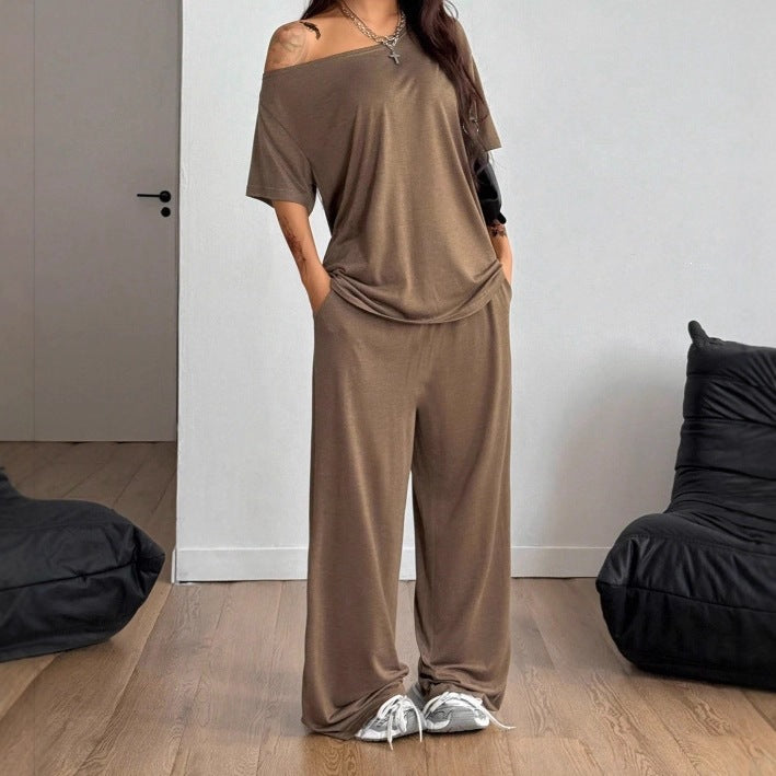 Women's Casual Lounge Set with Palazzo Pants and Off-Shoulder Top