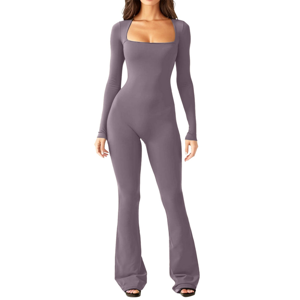 Women's Long Sleeve Romper with Square Neck and Wide Leg