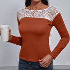 Women's Elegant Long-Sleeve Shirt with Floral Lace Details