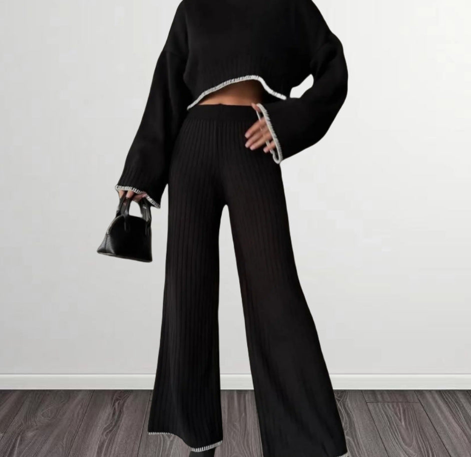 Elegant Knit Suit with Wide-Leg Trousers