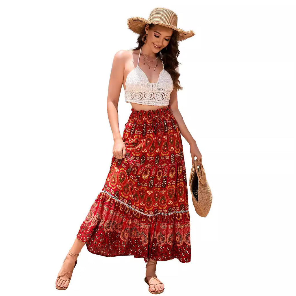 Women's Maxi Skirt with Playful Paisley Pattern and Ruffle Details