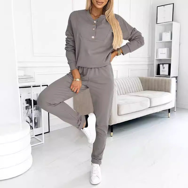 Women's Casual Jogging Suit with Elegant Button Details
