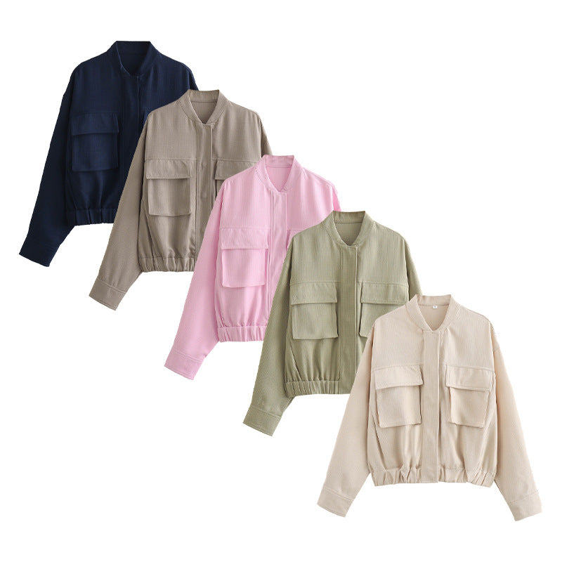 Women's Elegant Utility Jacket with Large Pockets and Elastic Hem