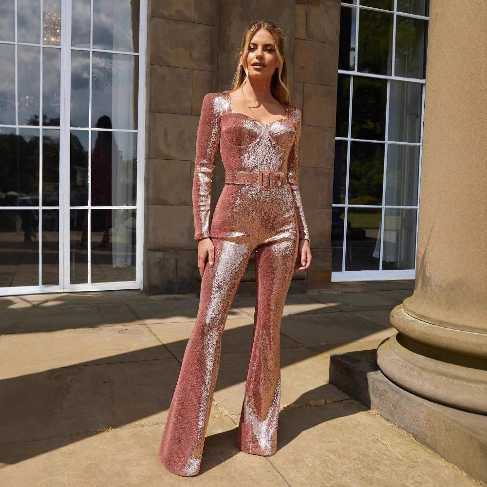 Women's Glamorous Sequin Jumpsuit with Chic Waistline