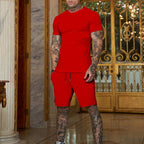 Men's slim Jersey set with round neck shirt and elastic drawstring shorts