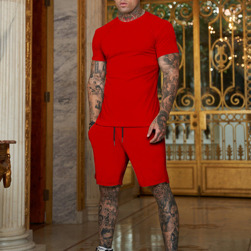 Men's slim Jersey set with round neck shirt and elastic drawstring shorts