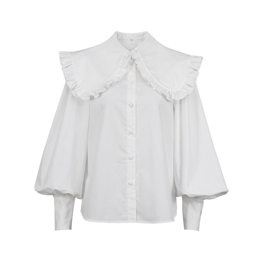 Elegant Blouse with Decorative Ruffle Collar and Puff Sleeves