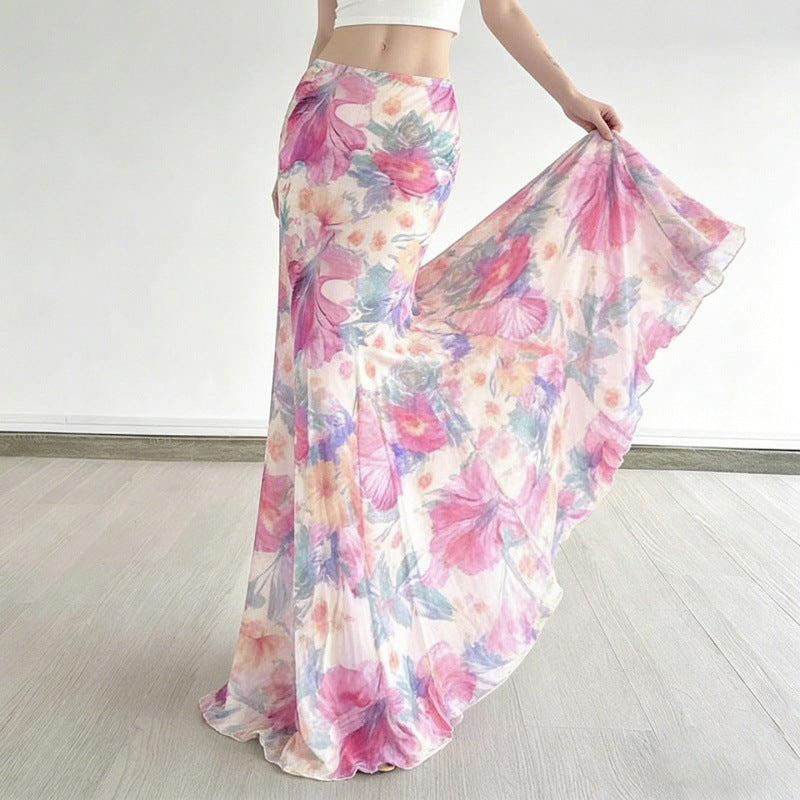 Women's Maxi Skirt with Floral Patterns and Flowing Cut