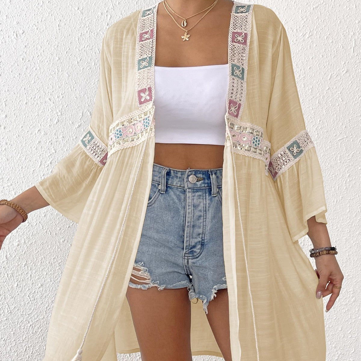 Women's Airy Beach Kimono with Floral Embroidery