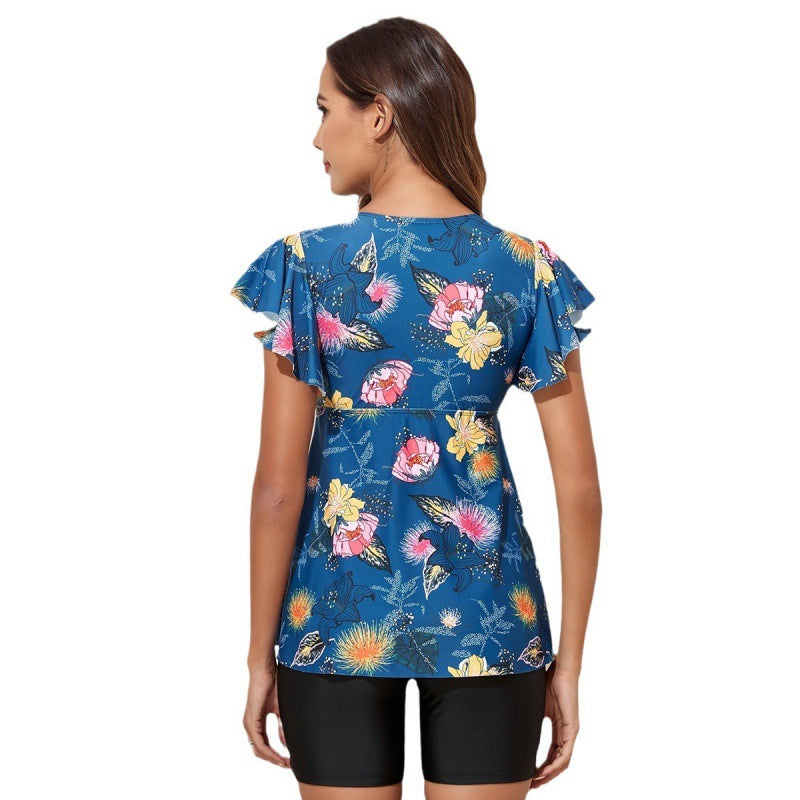 Women's Swim Top with Floral Design and Voluminous Ruffle Details