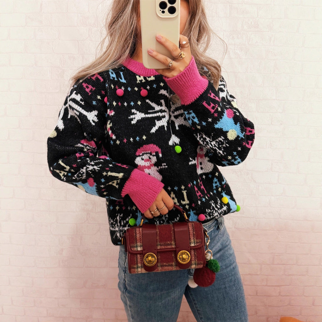 Women's Festive Sweater with Colorful Holiday Motifs and Playful Details