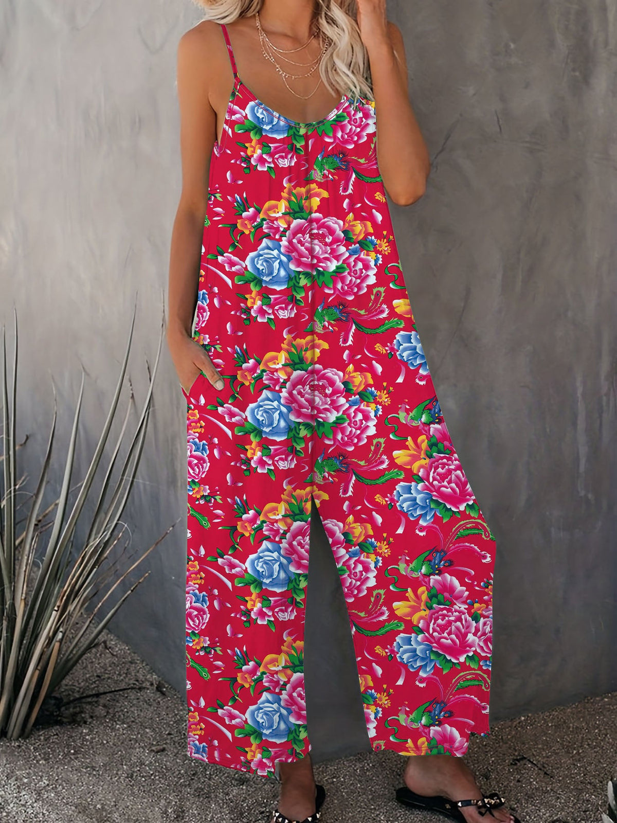 Women's Airy Jumpsuit with Floral Design and Adjustable Straps