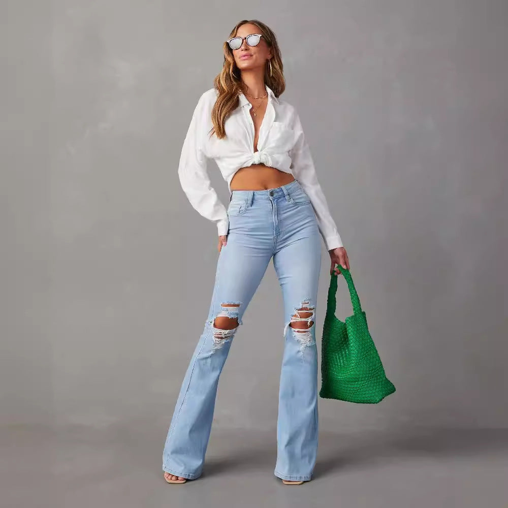 Women's Flared Jeans with Frayed Hem and Washed Effect