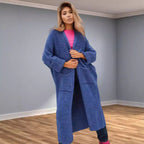 Women's Chunky Knit Coat with Practical Pockets and Elegant V-Neck
