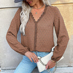 Women's Blouse with Fine Texture Details and Romantic Lace Insert