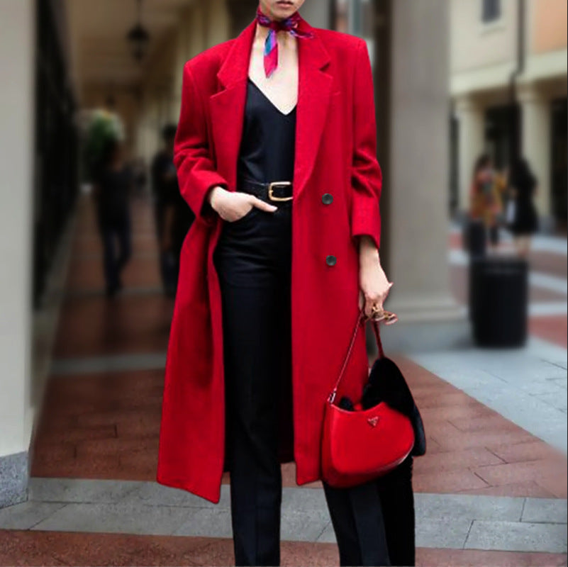 Women's Elegant Long Coat with Double-Breasted Button Placket and Generous Cut