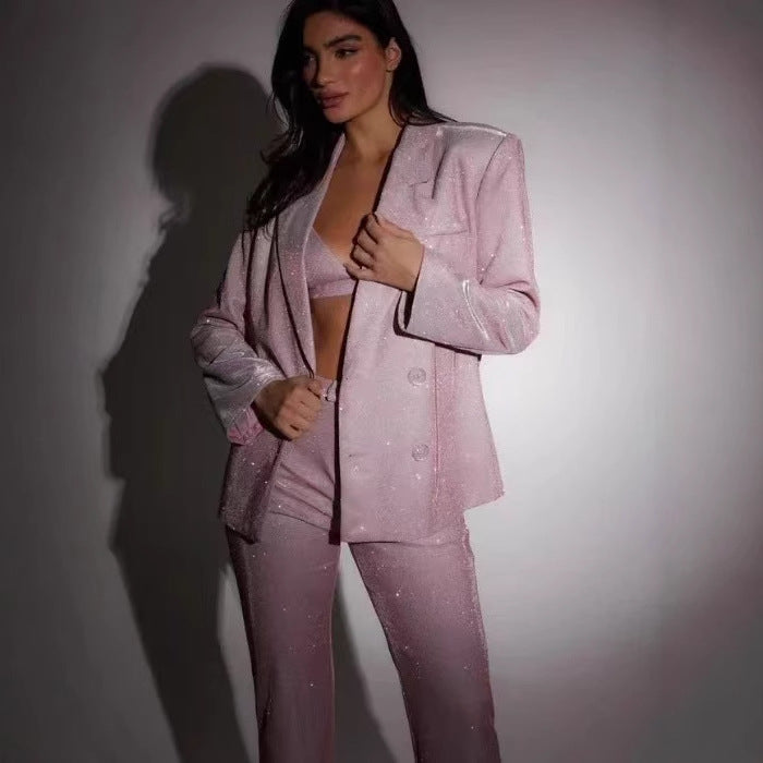 Glittering Suit Set with Crop Top and Flared Pants