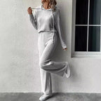 Women's Casual Knit Set with Soft Hoodie and Wide-Leg Pants
