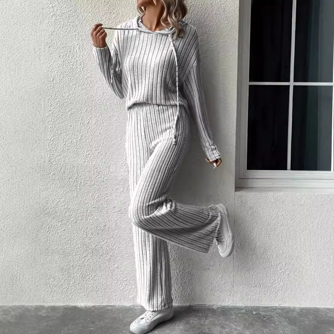 Women's Casual Knit Set with Soft Hoodie and Wide-Leg Pants