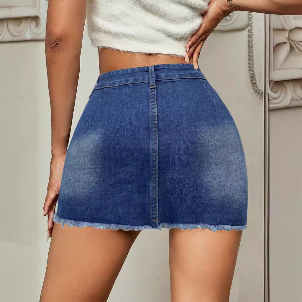 Button-Front Denim Skirt with Frayed Details