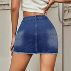 Button-Front Denim Skirt with Frayed Details