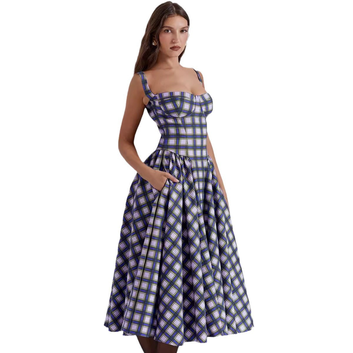 Women's Maxi Skirt with Plaid Design and Pockets