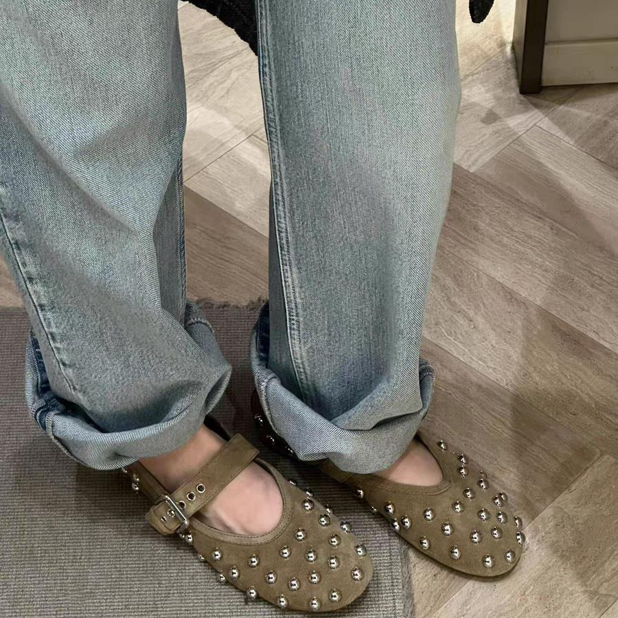 Women's Ballet Flats with Decorative Studs and Elegant Buckle Closure