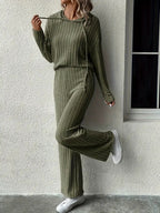 Women's Casual Knit Set with Soft Hoodie and Wide-Leg Pants