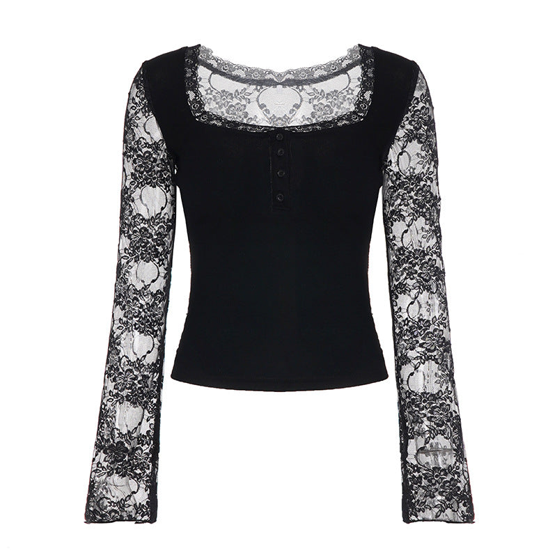 Women's Elegant Long-Sleeve Shirt with Lace and Button Details