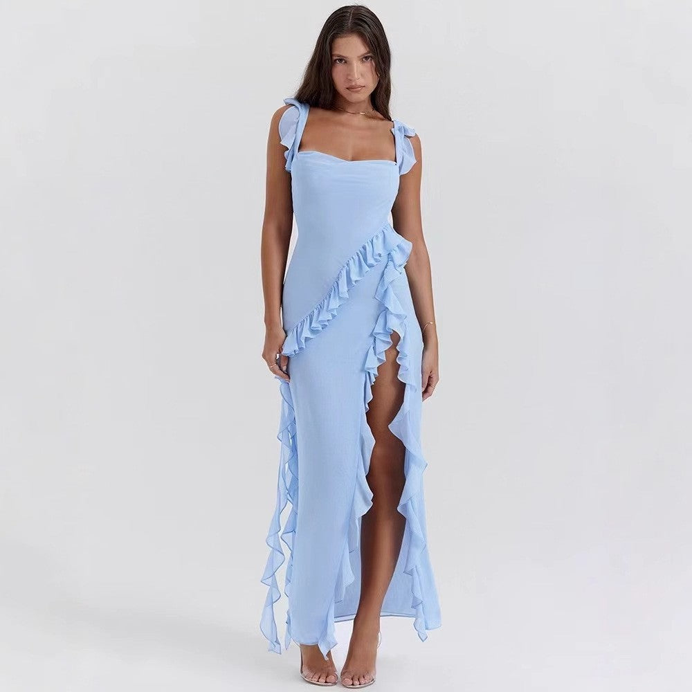 Women's Asymmetrical Maxi Dress with Ruffles and High Slit