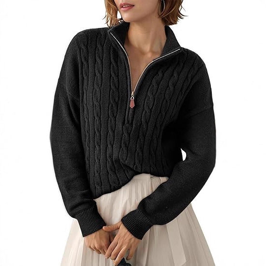 Women's Chunky Knit Sweater with Mock Neck and Half-Zip