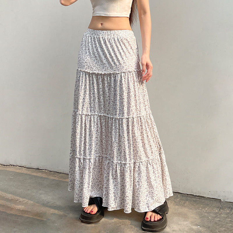 Women's Maxi Skirt with Floral Ruffle Details and Elastic Waistband