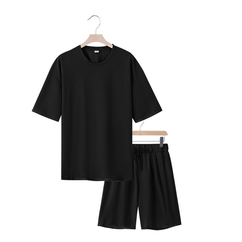 Men's relaxed jersey set with extended round neck t-shirt and elastic drawstring shorts