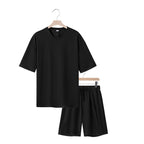 Men's relaxed jersey set with extended round neck t-shirt and elastic drawstring shorts