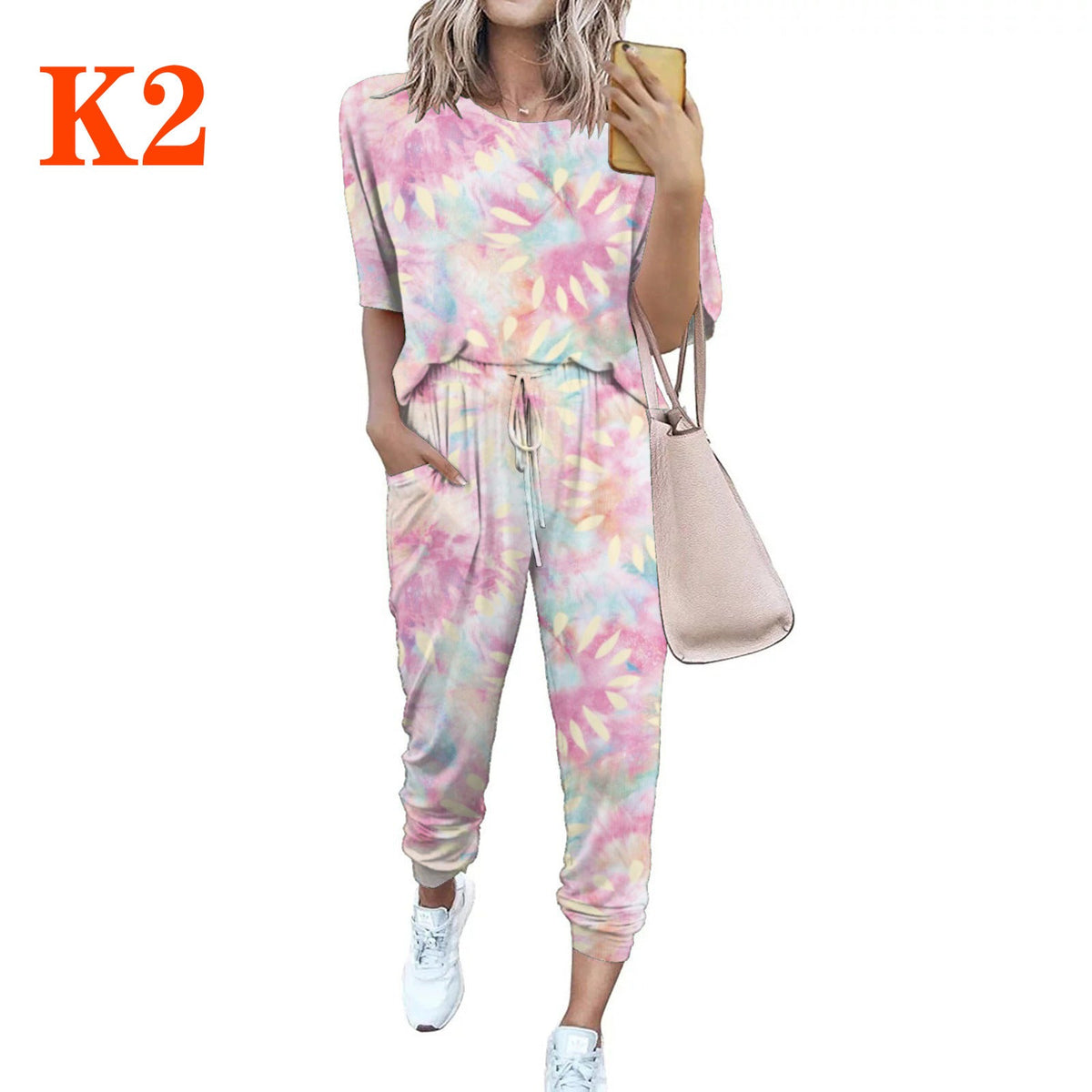 Women's Lightweight Casual Jumpsuit with Tie-Dye Pattern and Pockets