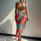 Women's Fringed Swimsuit Set with Colorful Pattern