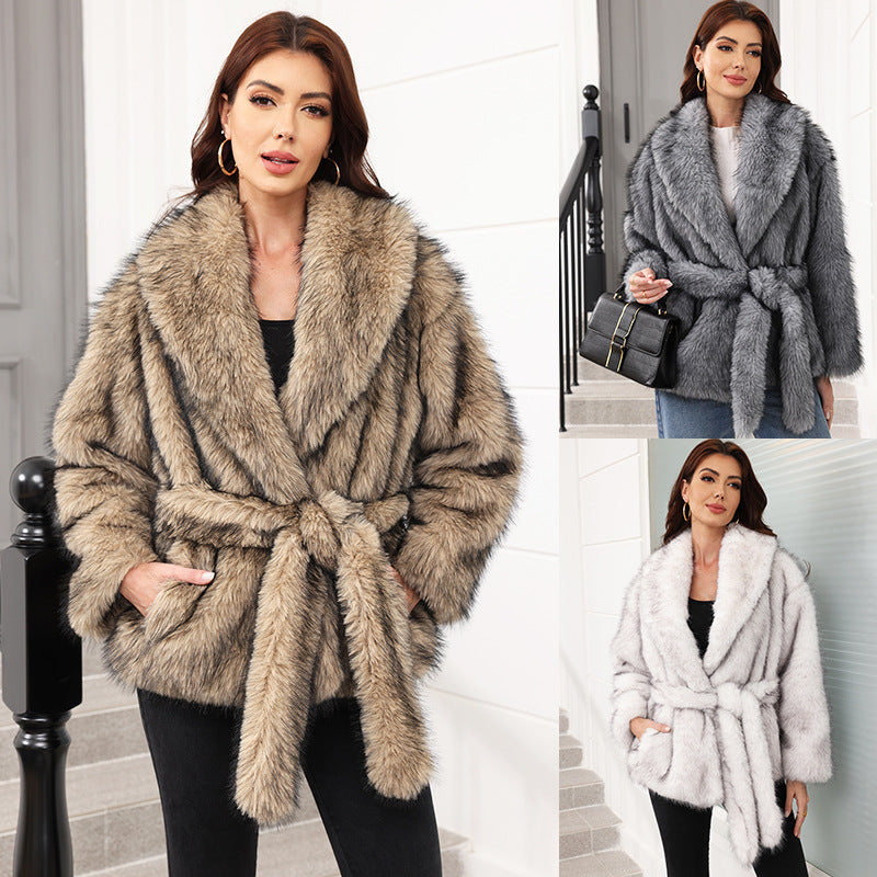 Women's Elegant Faux Fur Coat with Belt and Wide Lapel