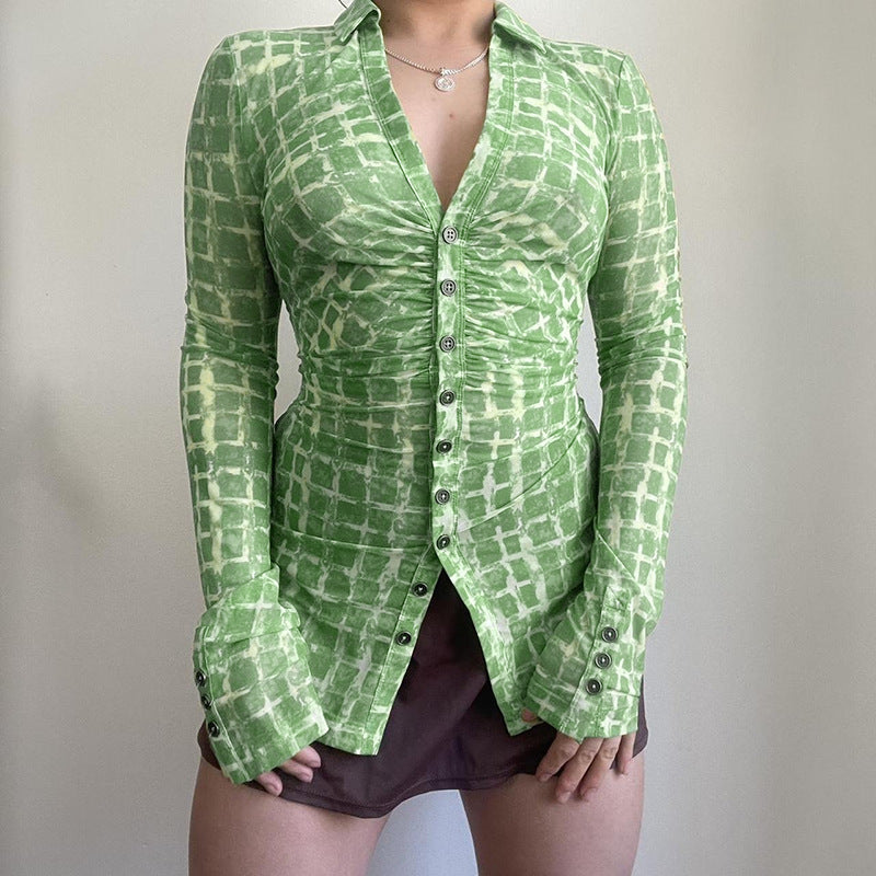 Women's Fitted Blouse with Ruffle Design and Button Closure