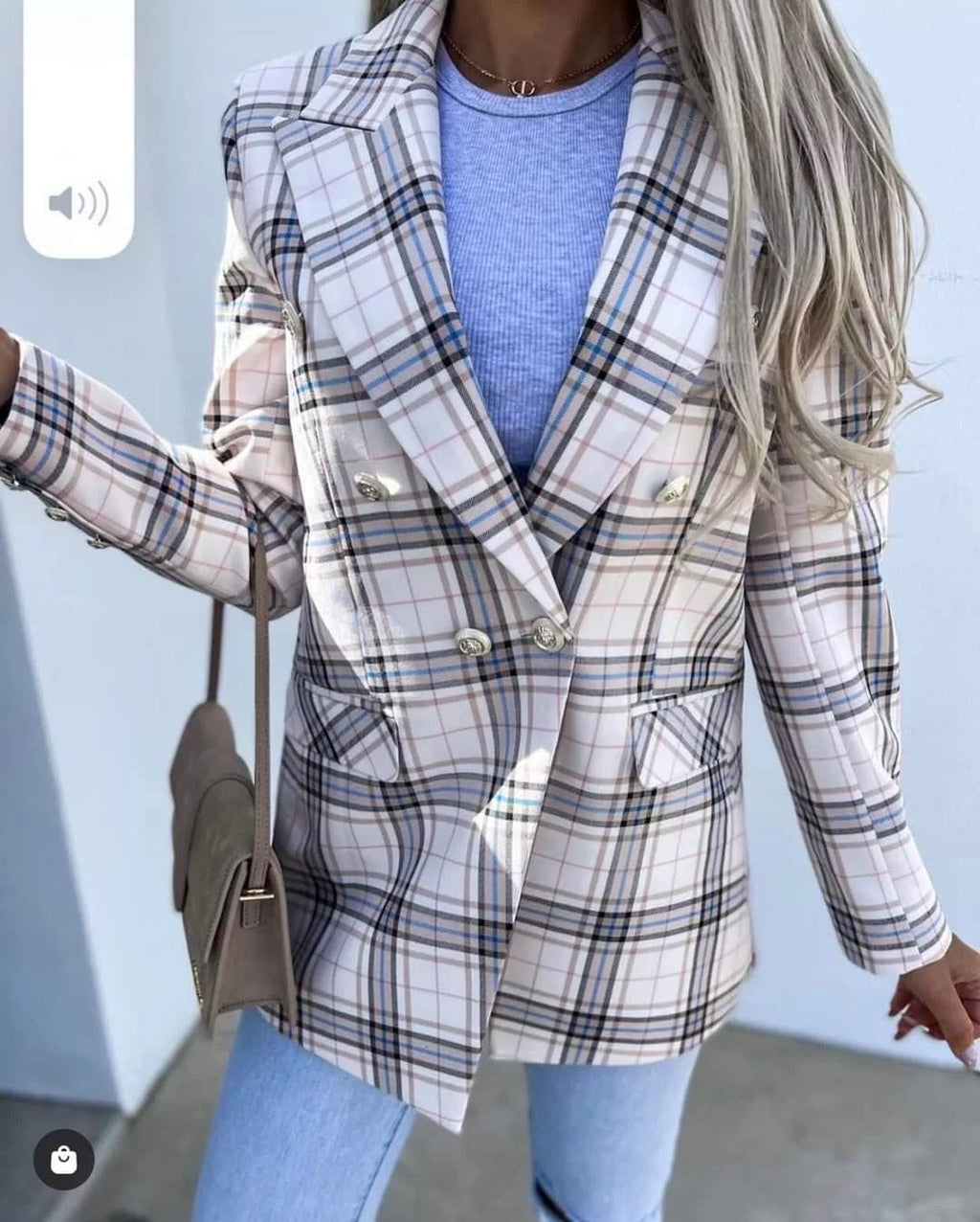 Women's Elegant Plaid Blazer with Double Buttons