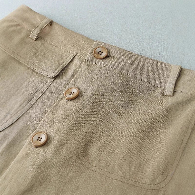 Women's Long Linen Skirt with Button Details and Pockets